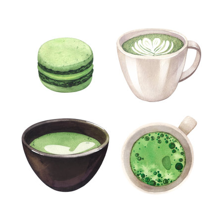 Watercolor realistic cup of hot green Japanese tea matcha latte drink set. Teacup hand-drawn...
