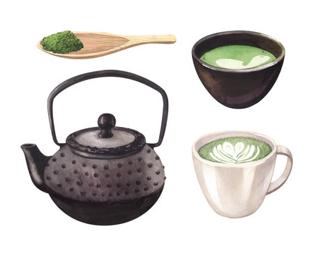 Watercolor realistic cup and teapot green Japanese tea matcha latte drink set. Teacup hand-drawn illustration isolated on white background. Perfect for banner, menu, flyer, brochure templateの写真素材