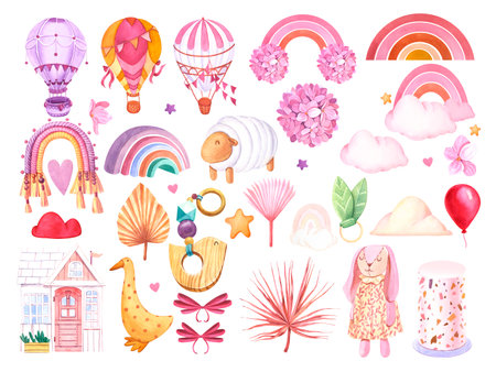 Watercolor illustration set with baby toys and happy birthday. Isolated on white background. Hand drawn clipart. Perfect for card, postcard, tags, invitation, printing, wrapping.の写真素材