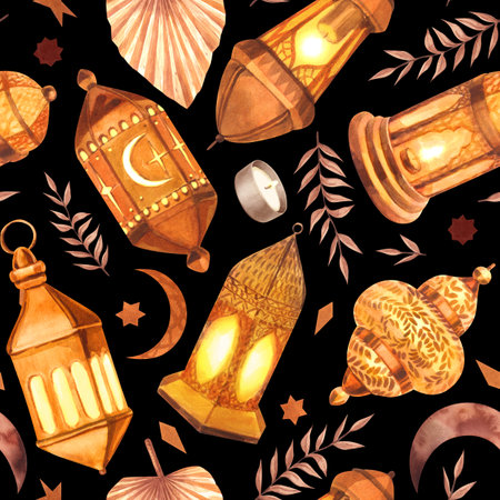 Watercolor painted seamless pattern islamic object. Hand-drawn illustration isolated on black background. For islamic celebration day ramadan kareem, eid al fitr adha, arab design.の写真素材