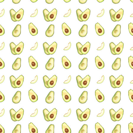 Watercolor seamless pattern of fresh whole and sliced avocado. Hand-drawn illustration isolated on white background. Perfect food menu, healthy food drawing, design packing.の写真素材