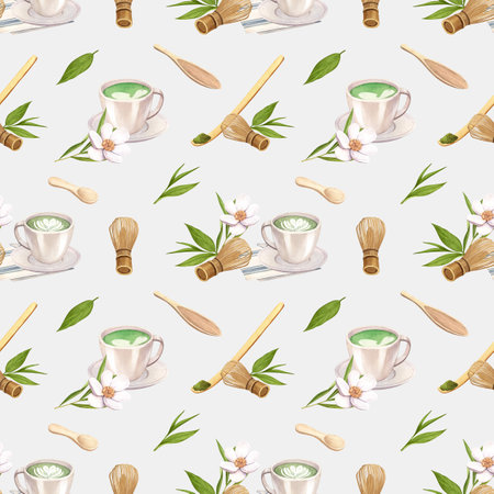 Watercolor seamless pattern matcha tea and cup. Hand-drawn illustration isolated on white background. Perfect concept for cafe, restaurant, menu Japanese tea ceremonyの写真素材