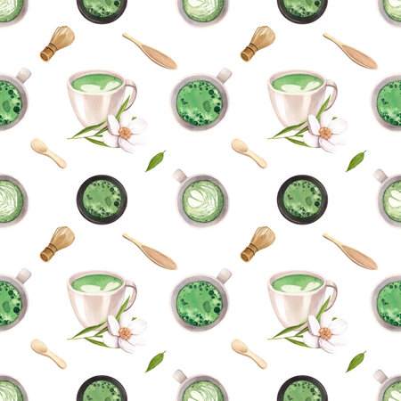 Watercolor seamless pattern matcha tea and cup. Hand-drawn illustration isolated on white background. Perfect concept for cafe, restaurant, menu Japanese tea ceremonyの写真素材