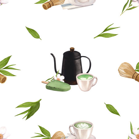 Watercolor seamless pattern matcha tea and coffee elements. Hand-drawn illustration isolated on white background. Perfect concept for cafe, restaurant, menu Japanese tea ceremonyの写真素材