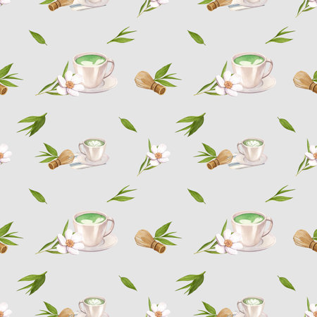Watercolor seamless pattern matcha tea and cup. Hand-drawn illustration isolated on white background. Perfect concept for cafe, restaurant, menu Japanese tea ceremonyの写真素材