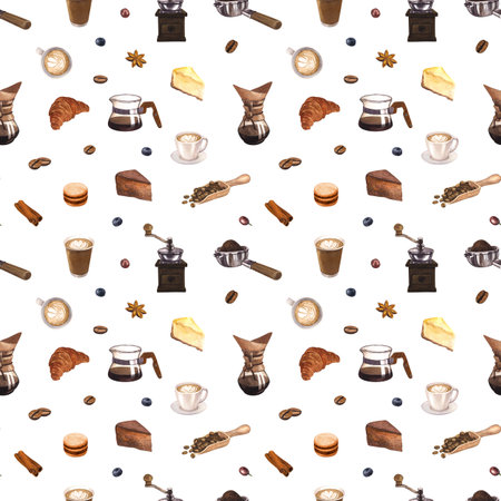 Watercolor seamless pattern coffee and dessert. Colorful detailed, with lots of objects. Hand-drawn illustration isolated on white background. Perfect food menu, concept for cafe, restaurant elementの写真素材