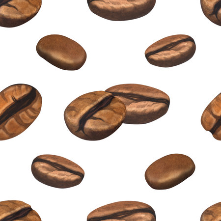 Watercolor seamless pattern coffee beans. Hand-drawn illustration isolated on white background. Perfect food menu, concept for cafe, restaurant element, recipe book, cooking graphicsの写真素材