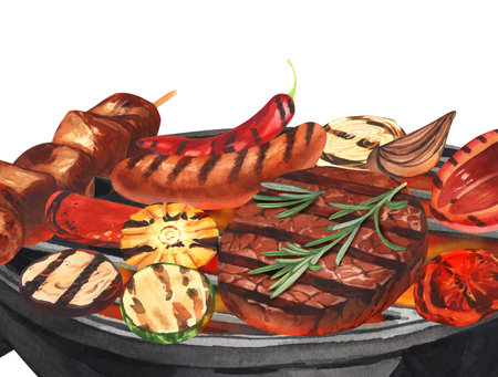 Watercolor barbecue meat, bbq steak beef, vegetable slices and black barbecue grill. Hand-drawn illustration isolated on white background. Perfect for menu cafe, restaurant, recipe book, cookingの写真素材