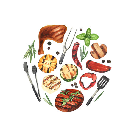 Watercolor round frame barbecue. Elements for cooking bbq - grill, chicken and meat. Hand-drawn illustration isolated on white background. Perfect concept food menu, design packing, for cookingの写真素材