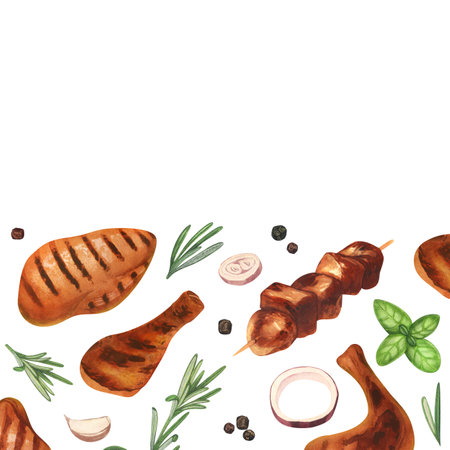 Watercolor frame, bbq grilled chicken steak, kebab, fille and rosemary twig. Hand-drawn illustration isolated on white background. Perfect concept food menu, food drawing, design packing, barbecueの写真素材