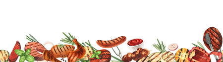 Watercolor frame seamless barbecue. Elements for cooking bbq - grill, chicken and meat. Hand-drawn illustration isolated on white background. Perfect concept food menu, food drawing, design packingの写真素材