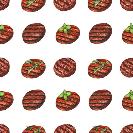 Watercolor pattern seamless grilled meat hamburger and steak beef. Hand-drawn illustration isolated on white background. Perfect for menu cafe, restaurant, recipe book, cooking, barbecueの写真素材