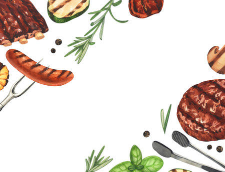 Watercolor frame barbecue. Elements for cooking bbq - grill, chicken and meat. Hand-drawn illustration isolated on white background. Perfect concept food menu, food drawing, design packing, barbecueの写真素材