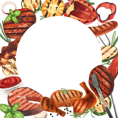 Watercolor frame barbecue. Elements for cooking bbq - grill, chicken and meat. Hand-drawn illustration isolated on white background. Perfect concept food menu, food drawing, design packingの写真素材