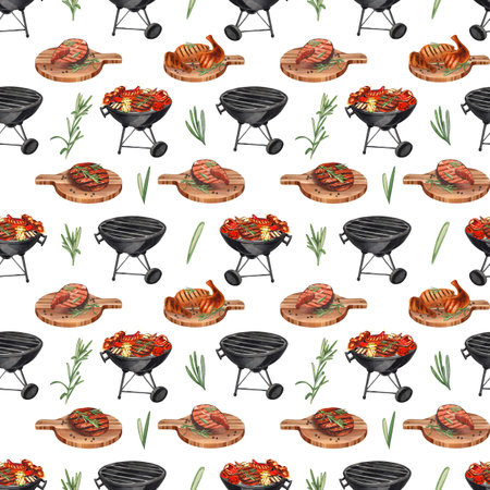 Watercolor seamless pattern barbecue. Elements for cooking bbq - grill, chicken and meat. Hand-drawn illustration isolated on white background. Perfect concept food menu, food drawing, design packingの写真素材