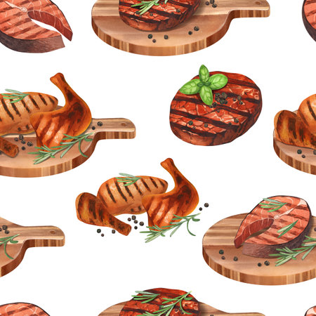 Watercolor seamless pattern barbecue. Elements for cooking bbq - grill, chicken and herbs. Hand-drawn illustration isolated on white background. Perfect concept food menu, food drawing, design packingの写真素材