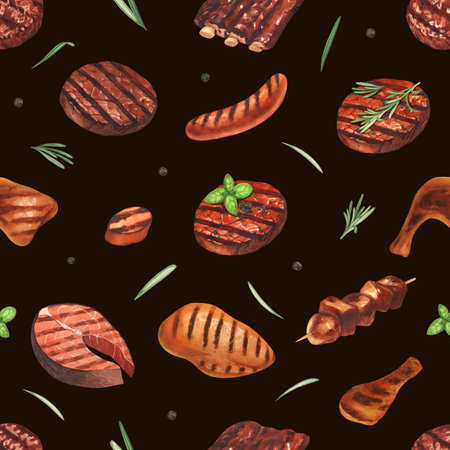 Watercolor pattern seamless grilled meat hamburger and steak beef. Hand-drawn illustration isolated on black background. Perfect for menu cafe, restaurant, recipe book, cooking, barbecueの写真素材