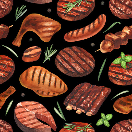 Watercolor pattern seamless grilled meat hamburger and steak beef. Hand-drawn illustration isolated on black background. Perfect for menu cafe, restaurant, recipe book, cooking, barbecueの写真素材
