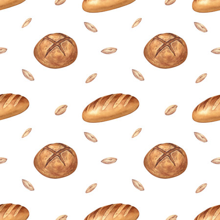 Watercolor seamless pattern background wheat bread, baguette, bun. Hand-drawn illustration isolated on white background. Perfect concept illustration for menu, bakeryの写真素材