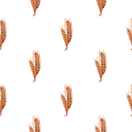 Watercolor seamless wheat spikelet pattern background with wheat spica, oats spikelet. Hand-drawn illustration isolated on white background. Perfect concept illustration for menu, bakeryの写真素材