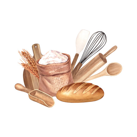 Watercolor composition wheat flour, bread and kitchen tool. Hand-drawn illustration, isolated on white background. Concept for a bakery or cafe, design: restaurant menu element, recipe cooking bookの写真素材