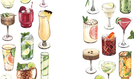 Watercolor frame, cocktail glasses: martini, gin,margarita,mojito,liquor,rum,moscow mule. Hand-drawn illustration isolated on white background. Perfect for recipe lists with alcoholic drinks, for cafeの写真素材