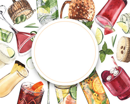 Watercolor frame, cocktail glasses: martini, gin,margarita,mojito,liquor,rum,moscow mule. Hand-drawn illustration isolated on white background. Perfect for recipe lists with alcoholic drinks, for cafeの写真素材