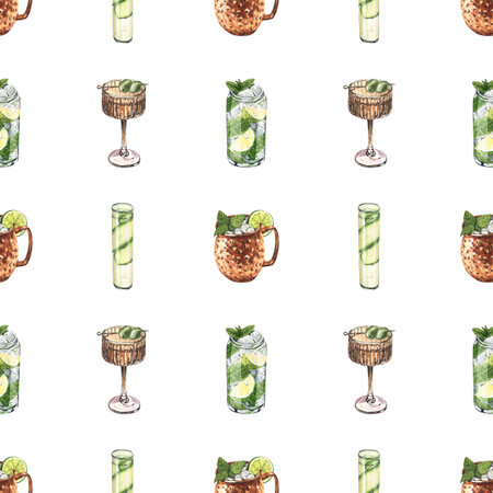 Watercolor seamless pattern, cocktail glasses: martini, mojito, cosmopolitan, moscow mule. Hand-drawn illustration isolated on white background.Perfect for recipe lists with alcoholic drinks, for cafeの写真素材