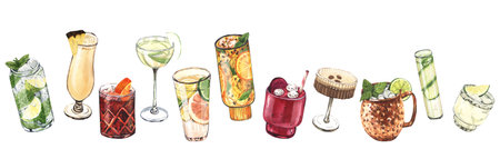 Watercolor banner cocktail glasses: martini, gin,margarita,mojito,liquor,rum,moscow mule. Hand-drawn illustration isolated on white background. Perfect for recipe lists with alcoholic drinks, for cafeの写真素材