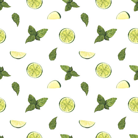 Watercolor seamless pattern mint leaves and lime. Hand-drawn illustration isolated on white...
