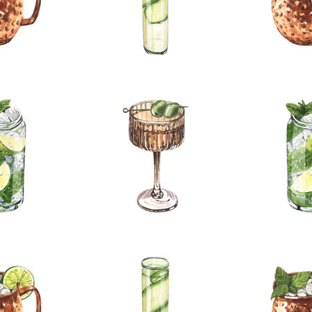 Watercolor seamless pattern, cocktail glasses: mojito, lime, matcha, cucumber. Hand-drawn illustration isolated on white background. Perfect for recipe lists with alcoholic drinks, for cafeの写真素材