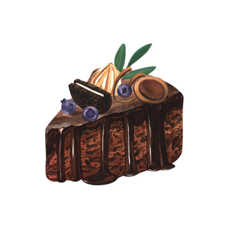 Watercolor dessert, piece delicious chocolate cake . Hand-drawn illustration isolated on white...