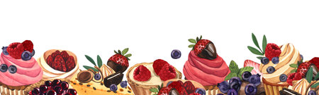 Watercolor baner dessert, colorful sweet cakes slices pieces of cheesecake with berries. Hand-drawn illustration isolated on white background.Perfect food menu, food drawing, design packing, printの写真素材