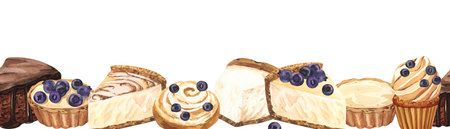 Watercolor seamless banner dessert, colorful sweet cakes slices pieces of cheesecake with berries. Hand-drawn illustration isolated on white background.Perfect food menu, food drawing, design packingの写真素材