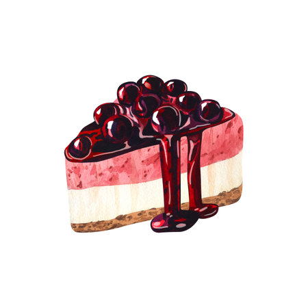 Watercolor dessert, piece of cheesecake with cranberry cherry sauce. Hand-drawn illustration isolated on white background. Perfect food menu, food drawing, design packing, printの写真素材