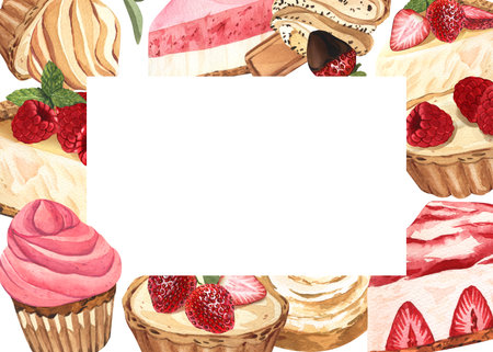 Watercolor frame dessert, piece of cheesecake with fresh strawberries. Hand-drawn illustration isolated on white background. Perfect food menu, food drawing, design packing, printの写真素材