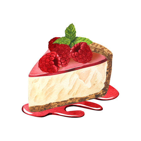 Watercolor dessert, cheesecake with raspberries and jam. Hand-drawn illustration isolated on white background. Perfect food menu, food drawing, design packing, bakery shop, cooking, tea partyの写真素材