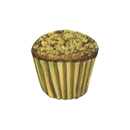Watercolor dessert muffin, green tea cupcake organic Japanese matcha. Hand-drawn illustration isolated on white background. Perfect food menu, food drawing, design packing, printの写真素材
