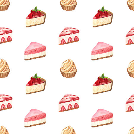 Watercolor seamless pattern desserts, piece of cheesecake with fresh strawberries. Hand-drawn illustration isolated on white background. Perfect food menu, food drawing, design packing, printの写真素材