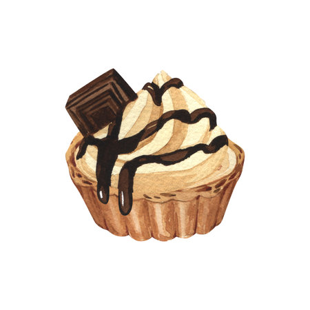 Watercolor dessert with sliced chocolate, baked tart with cream. Hand-drawn illustration isolated on white background. Perfect food menu, food drawing, design packing, printの写真素材