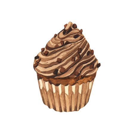 Watercolor dessert cupcake, whipped chocolate chip muffin in wax liner. Hand-drawn illustration isolated on white background. Perfect food menu, food drawing, design packing, print.の写真素材