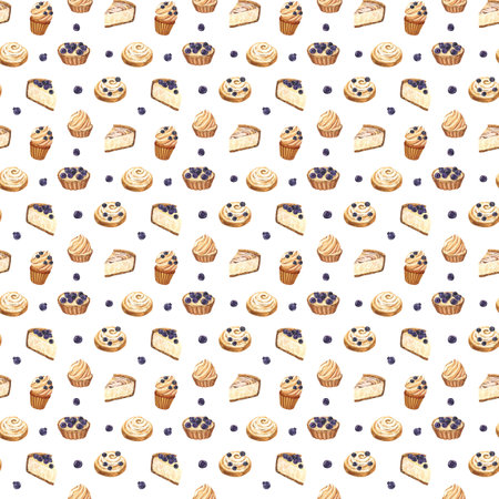 Watercolor seamless pattern dessert muffin, cupcake, tart, bun, cheesecake with blueberry. Hand-drawn illustration isolated on white background. Perfect food menu, design packing, bakery shop, cookingの写真素材