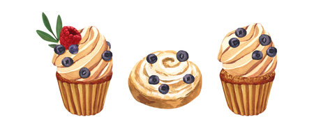 Watercolor dessert set, muffin with white cream, cupcake blueberry. Hand-drawn illustration isolated...
