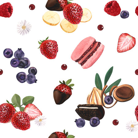 Watercolor seamless pattern sweet desserts, piece of cheesecake with fresh strawberries. Hand-drawn illustration isolated on white background. Perfect food menu, food drawing, design packing, printの写真素材
