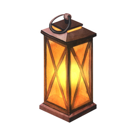 Watercolor vintage lamp lantern with candle, decor for home. Hand-drawn illustration isolated on...