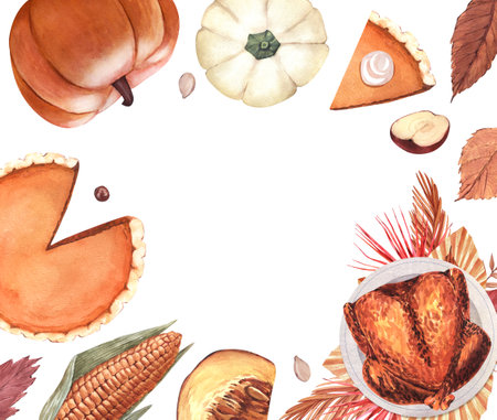 Watercolor baked turkey, autumn leaves, pumpkin pie, corn and apples. Thanksgiving Day dinner concept. Hand-drawn illustration isolated on white background. Perfect for menu, cooking, packing, cardの写真素材