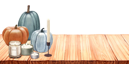 Watercolor candles and pumpkins, autumn decor on wooden table. Hand-drawn illustration isolated on white background, cozy home and hygge concept. Perfect for menu, cooking, packing, cardの写真素材