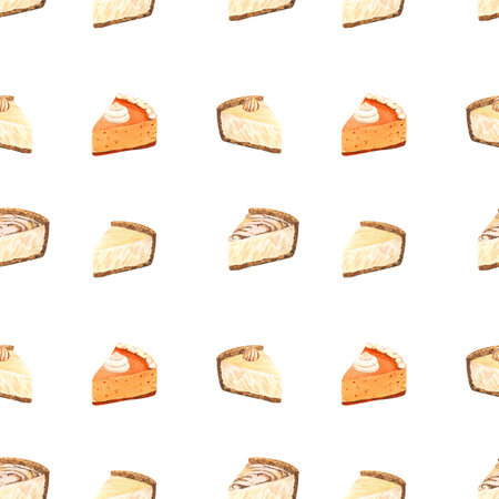 Watercolor pumpkin slice pie, orange seamless pattern, traditional dessert for Thanksgiving dinner. Hand-drawn illustration isolated on white background. Perfect for menu, cooking, packing, cardの写真素材