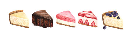 Set desserts, colorful sweet cakes slices pieces of cheesecake with fresh blueberries and chocolate cake. Watercolor hand-drawn illustration isolated on white backgroundの写真素材