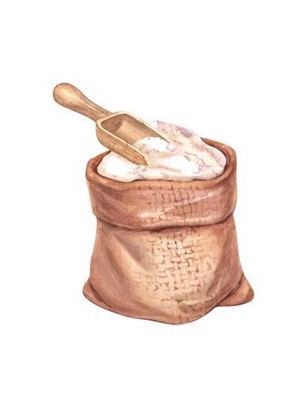 Burlap bag with flour and wooden scoop. Sack with wheat flour. Watercolor hand drawn illustration, isolated on white background. For bakery, cafe, restaurant menu element.の写真素材